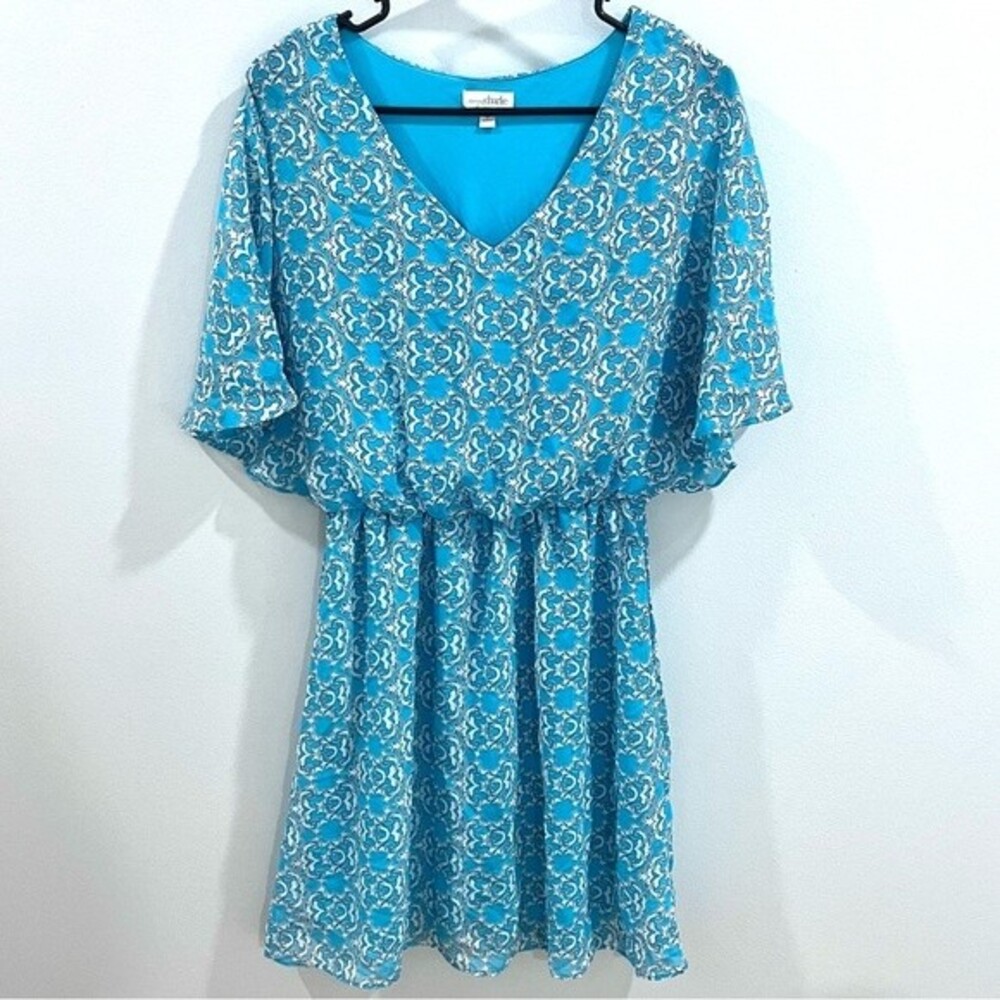 Aqua blue and white all over print flowy dress size small
